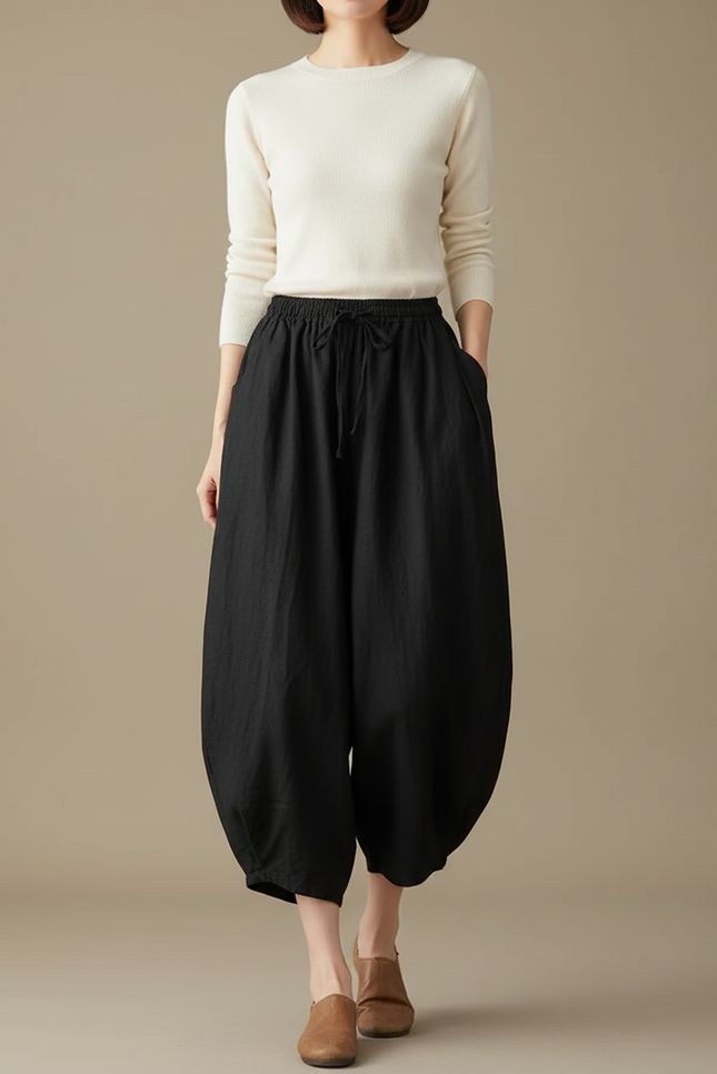 Pantalon Noir Lin Ample Carotte Décontracté Femme