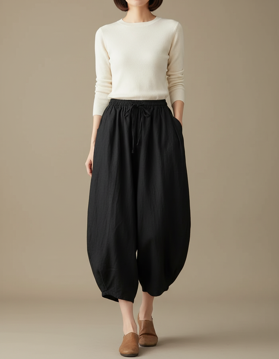 Pantalon Noir Lin Ample Carotte Décontracté Femme