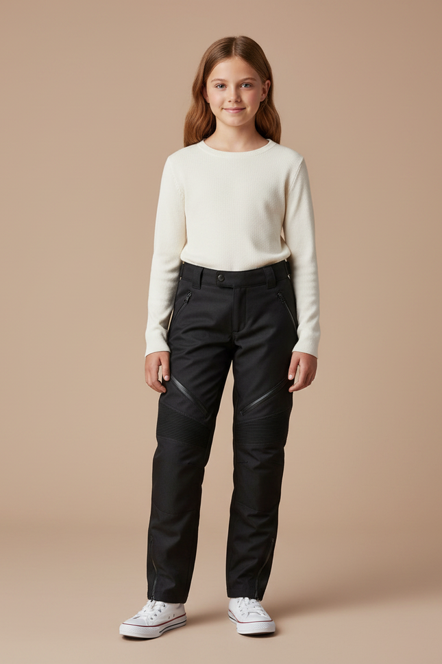Pantalon Noir Moto Enfant Côtelé Zippé Slim - Gabardine
