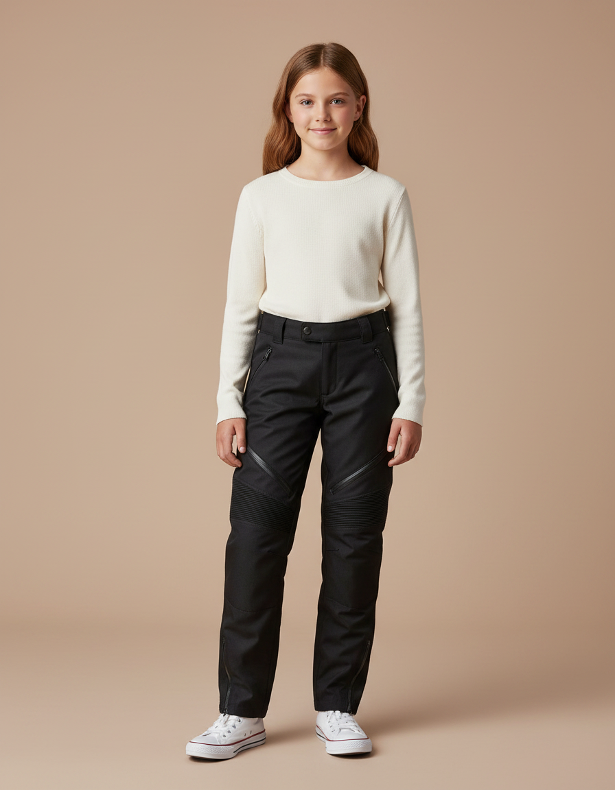 Pantalon Noir Moto Enfant Côtelé Zippé Slim - Gabardine
