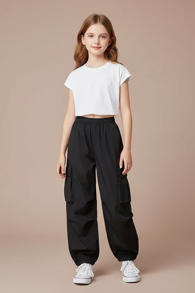 Pantalon Noir Cargo Ample Streetwear Décontracté Fille - Polyester