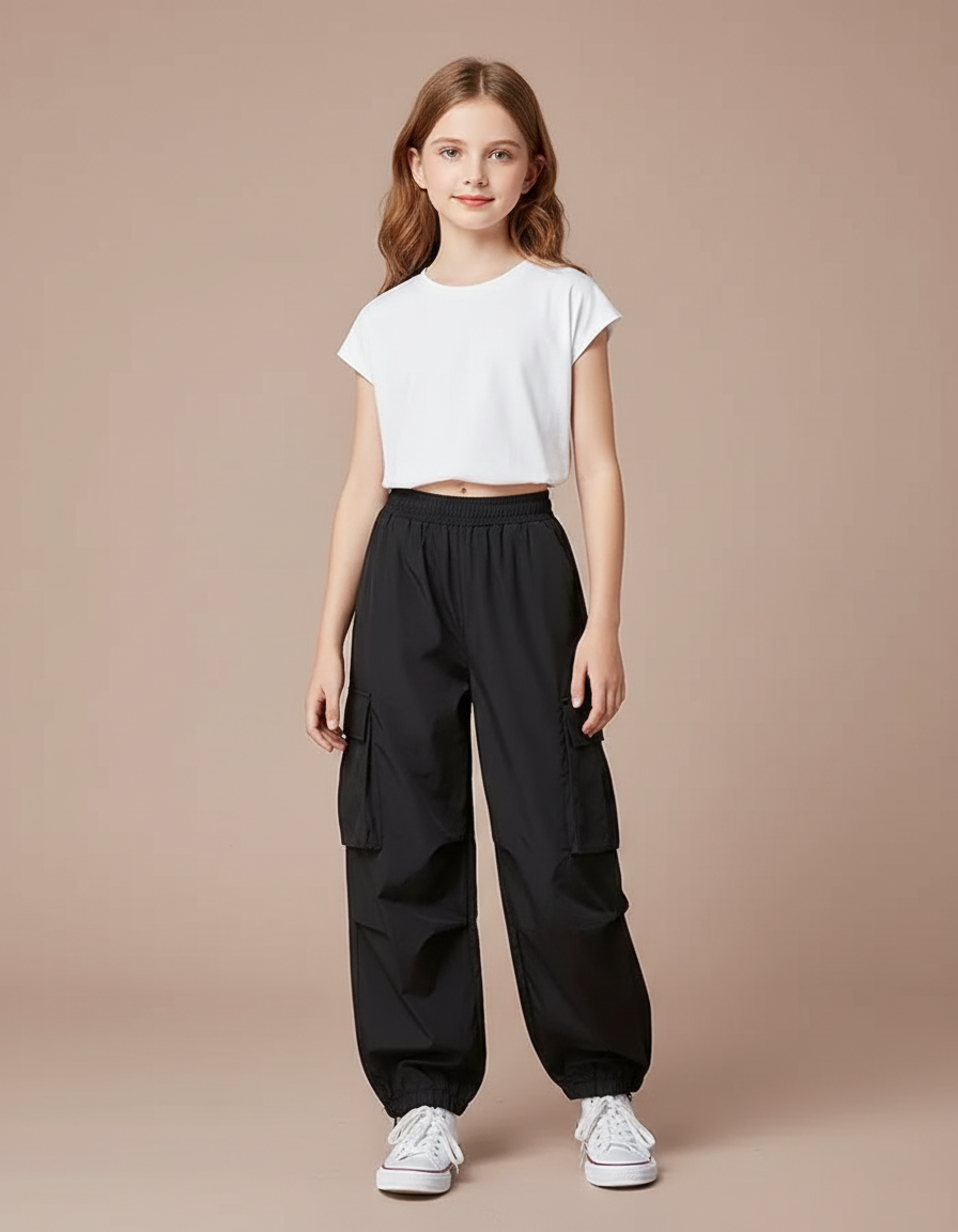 Pantalon Noir Cargo Ample Streetwear Décontracté Fille - Polyester