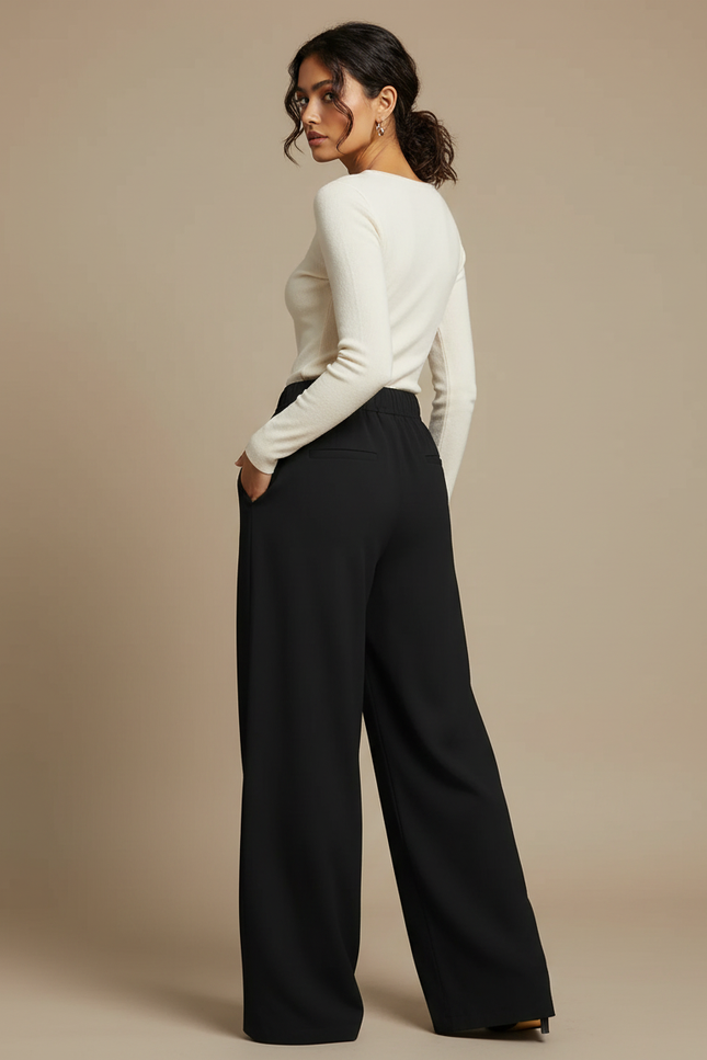 Pantalon Noir Fluide Ample Élégant Décontracté Femme - Polyester