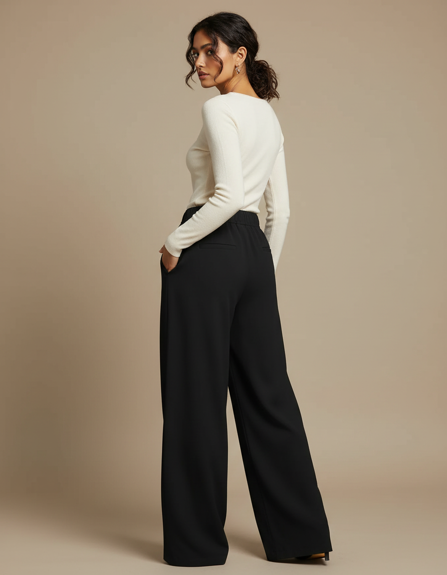 Pantalon Noir Fluide Ample Élégant Décontracté Femme - Polyester