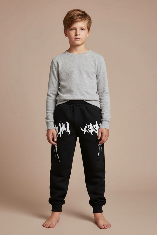Pantalon Noir Jogging Imprimé Flammes Enfant - Molleton