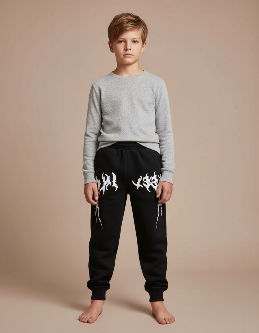 Pantalon Noir Jogging Imprimé Flammes Enfant - Molleton