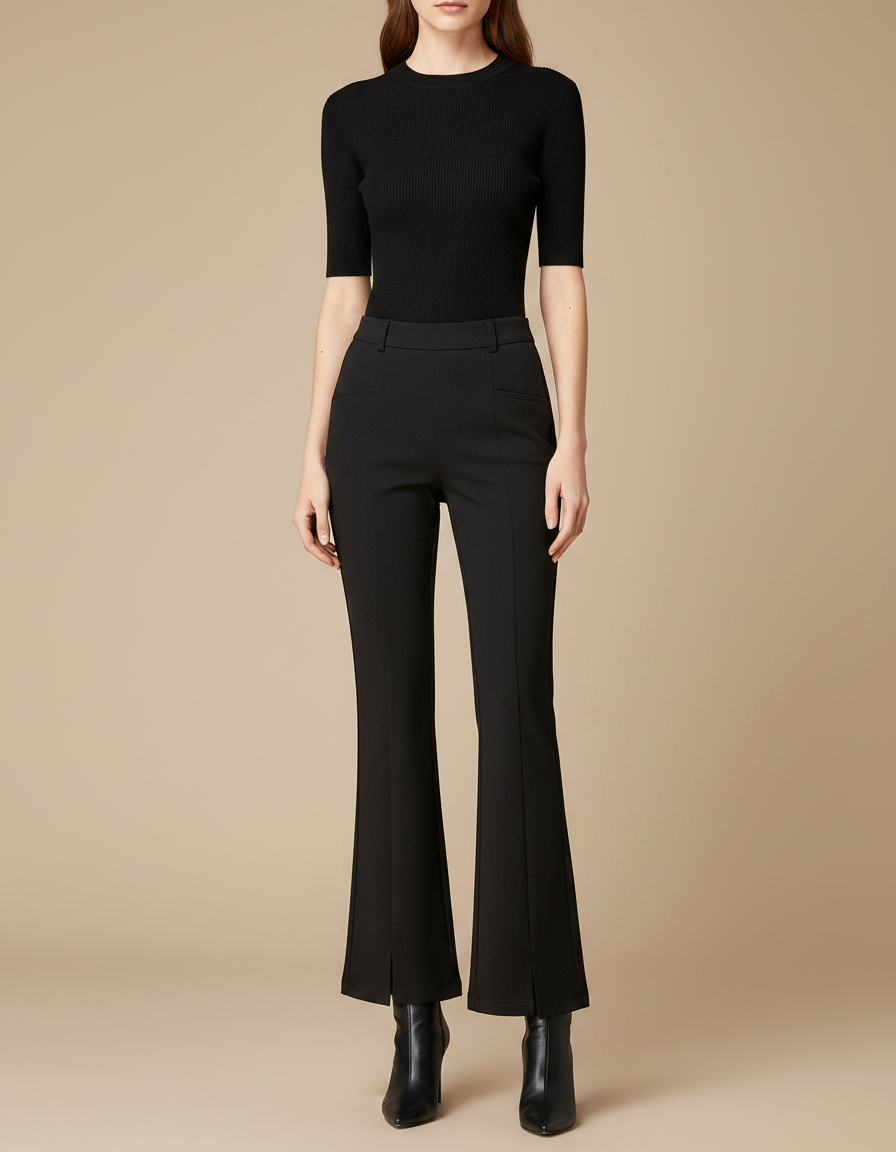 Pantalon Noir Évasé Fendu Taille Haute Femme - Polyester
