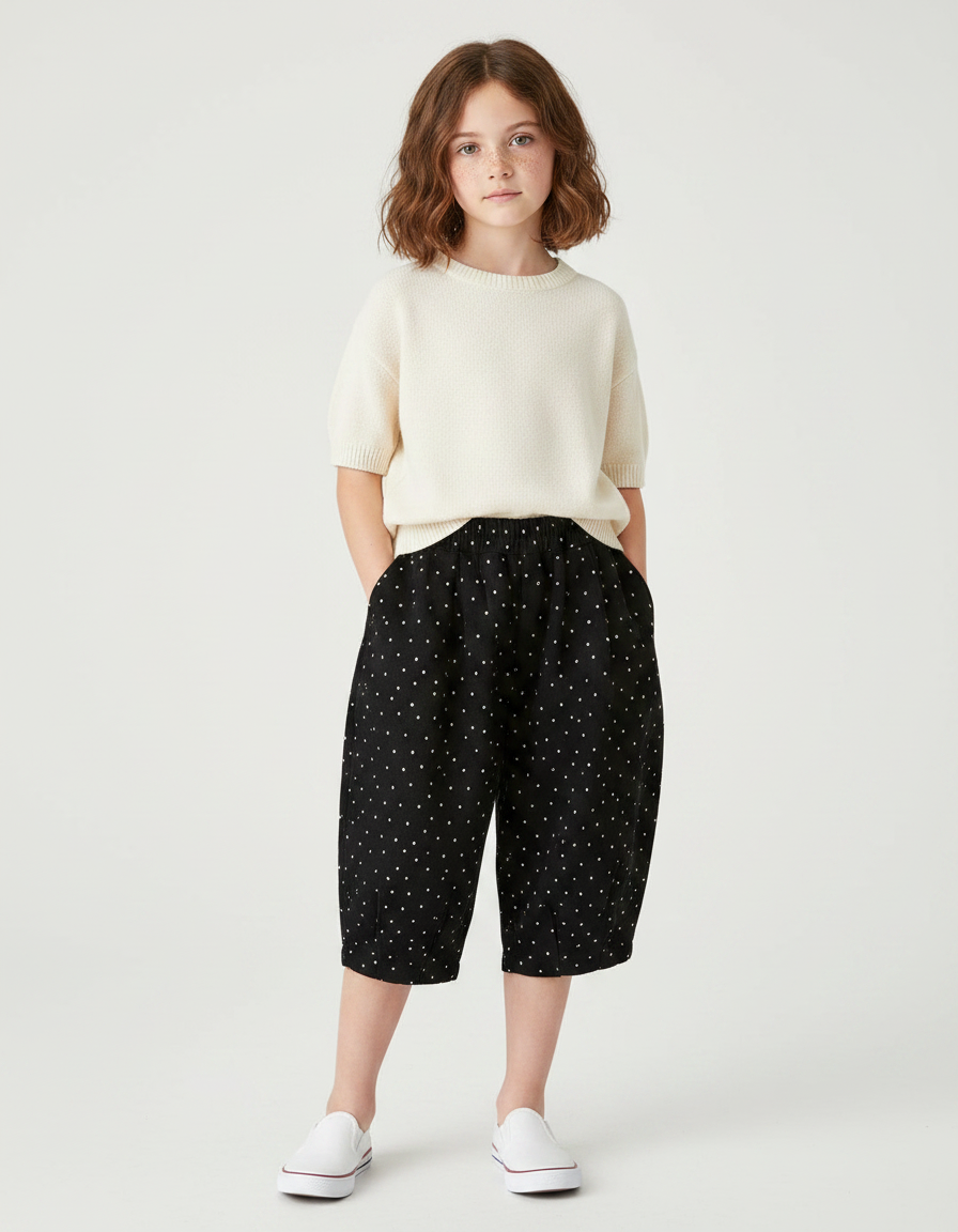 Pantalon Noir Polka Dot Ample Confortable Fille - Coton