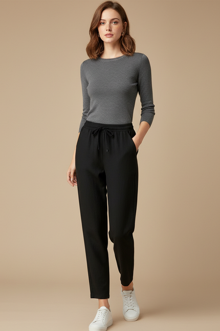 Pantalon Noir Cordon Fluide Décontracté Femme - Viscose