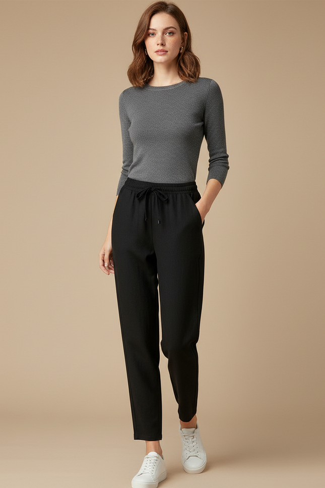 Pantalon Noir Cordon Fluide Décontracté Femme - Viscose
