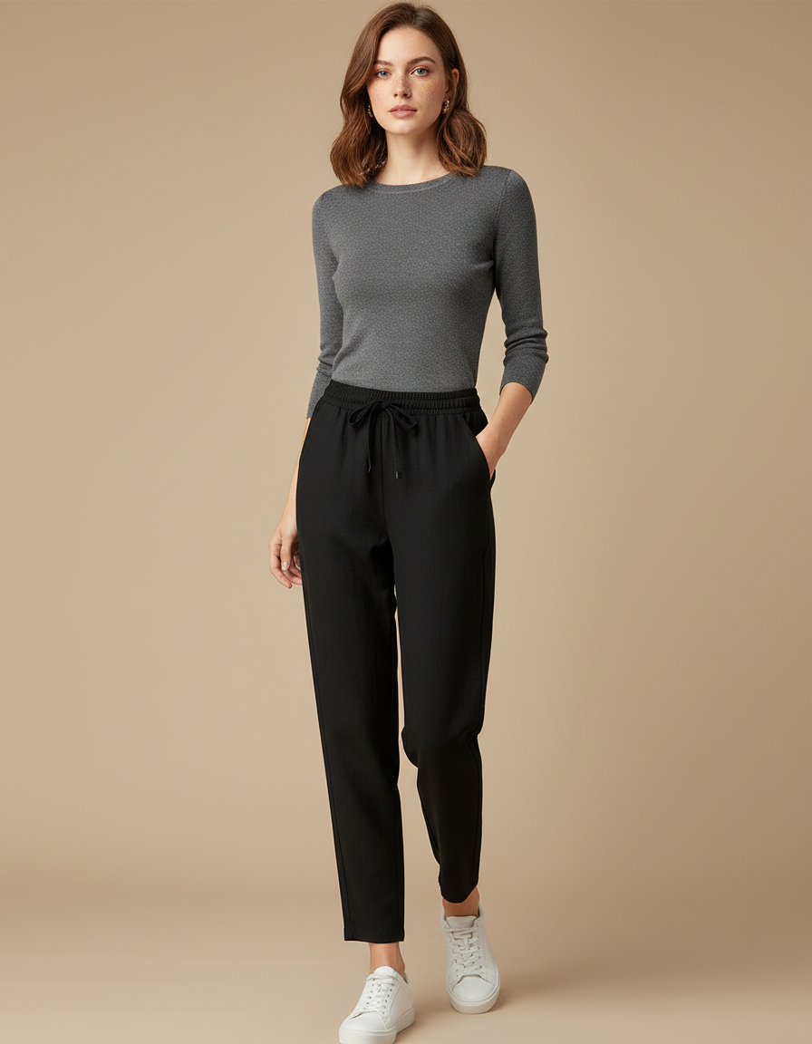 Pantalon Noir Cordon Fluide Décontracté Femme - Viscose
