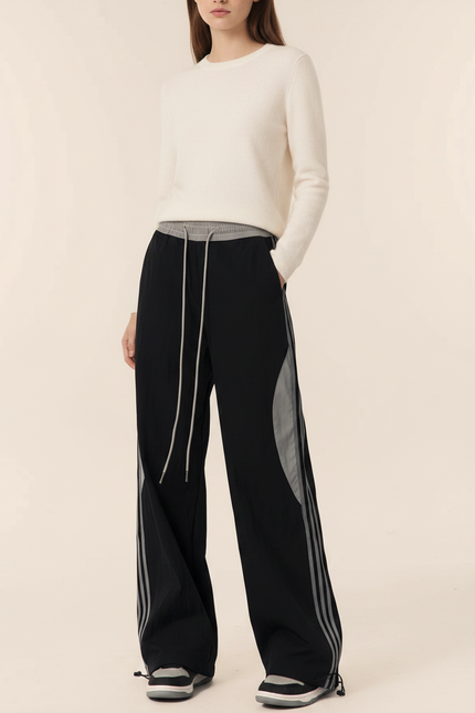 Pantalon Noir Large Sportif Rayures Grises Décontracté - Polyester