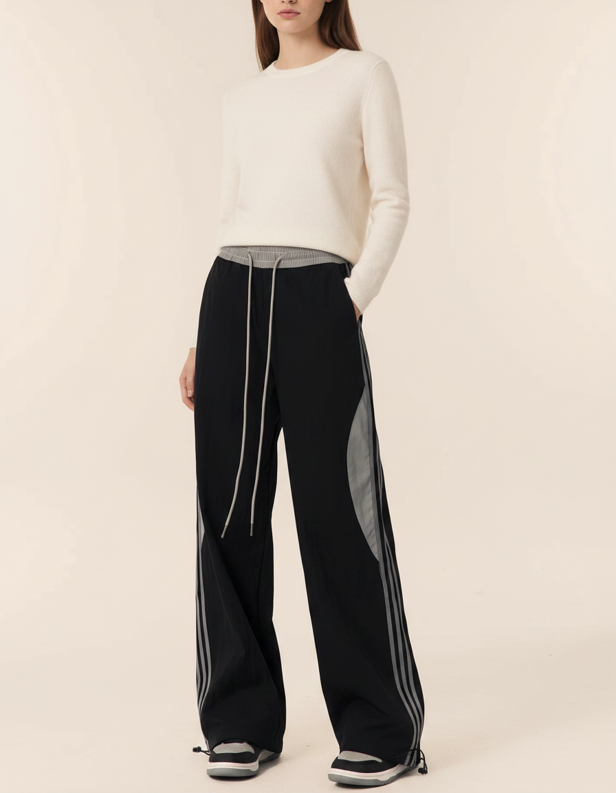 Pantalon Noir Large Sportif Rayures Grises Décontracté - Polyester
