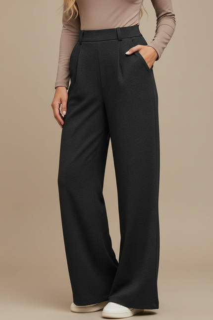 Pantalon Noir Ample Taille Haute Plissé Femme - Polyester