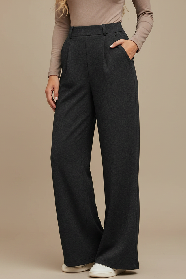 Pantalon Noir Ample Taille Haute Plissé Femme - Polyester