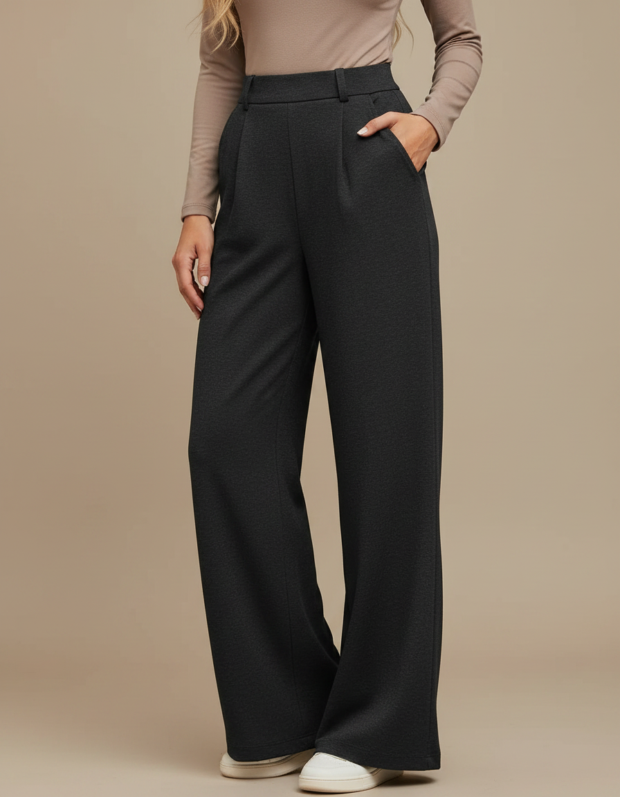 Pantalon Noir Ample Taille Haute Plissé Femme - Polyester