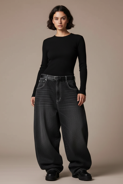 Pantalon Noir Ample Denim Délavé Femme - Jean