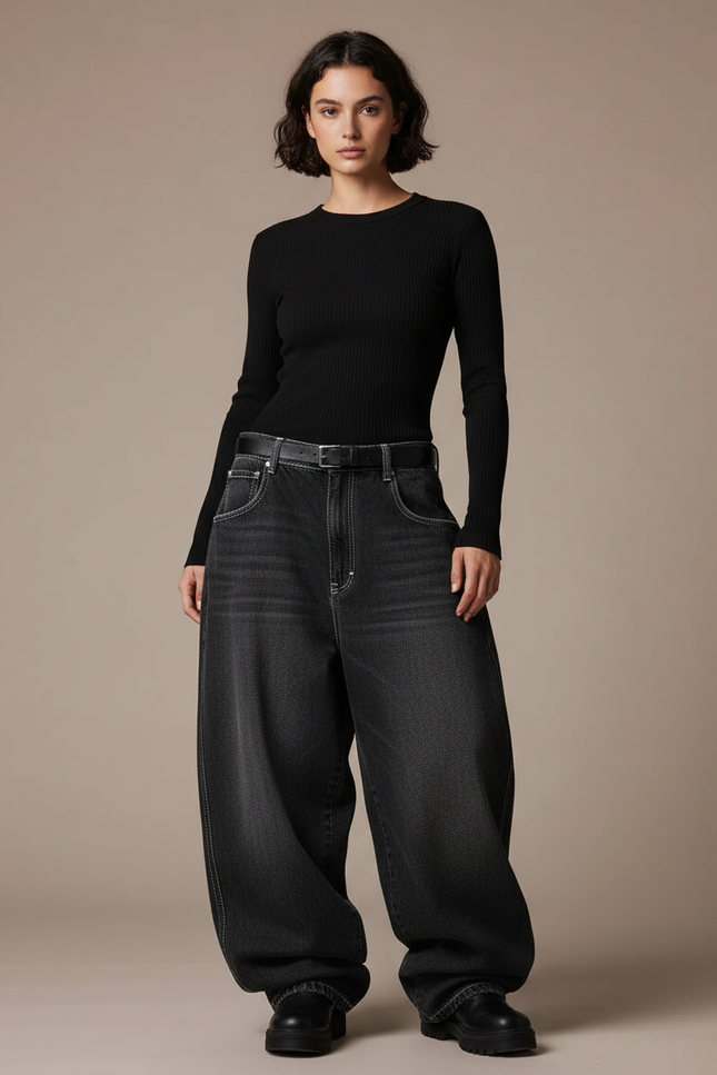 Pantalon Noir Ample Denim Délavé Femme - Jean