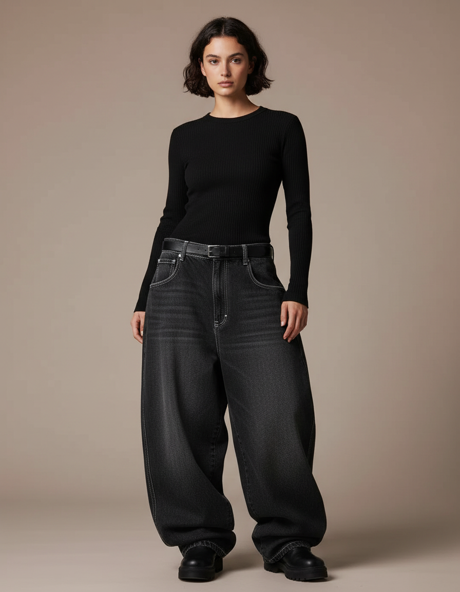 Pantalon Noir Ample Denim Délavé Femme - Jean