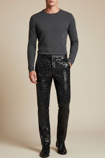 Pantalon Noir Brodé Paillettes Slim Homme Élégant - Satin