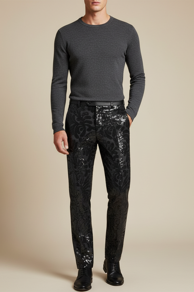Pantalon Noir Brodé Paillettes Slim Homme Élégant - Satin