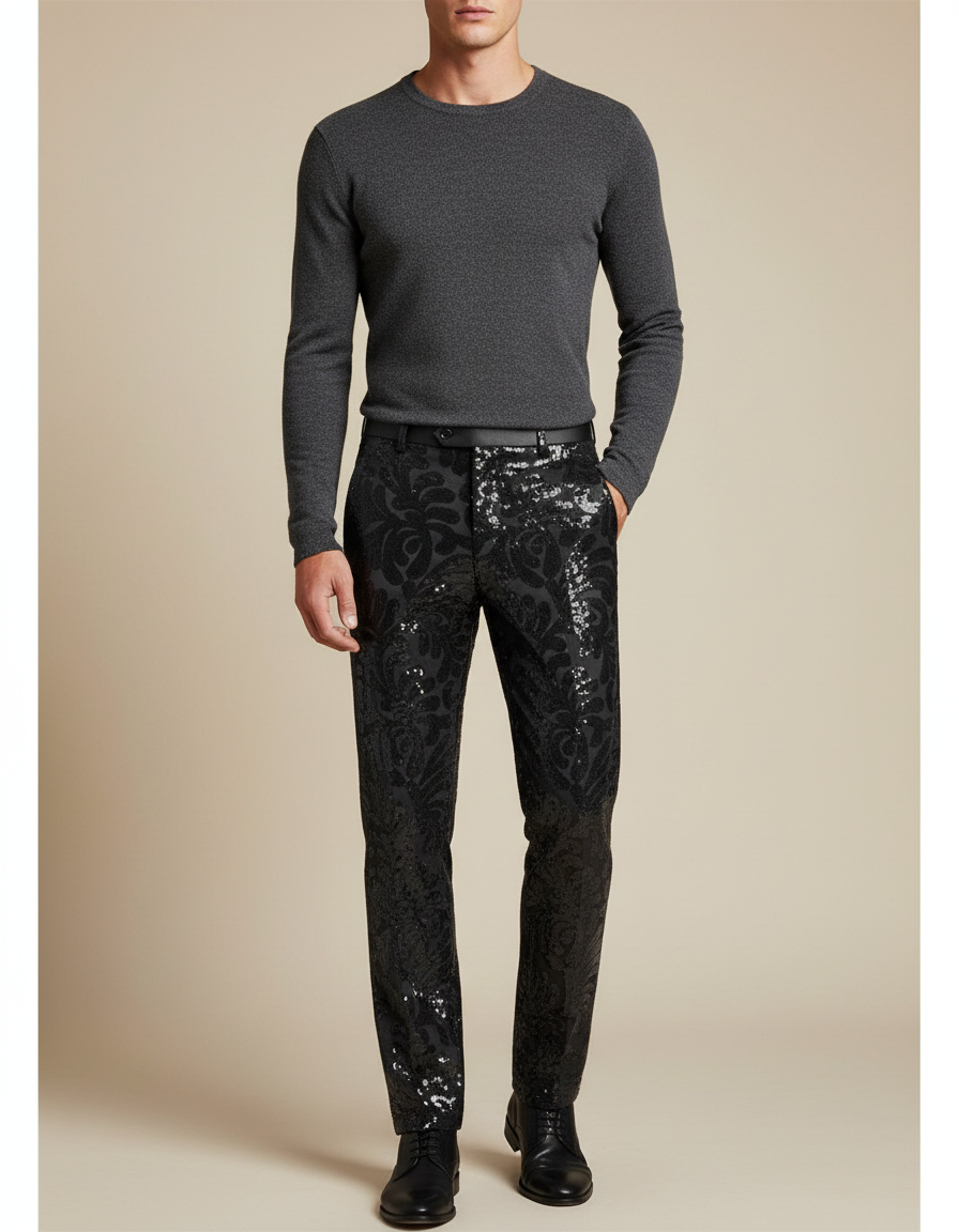 Pantalon Noir Brodé Paillettes Slim Homme Élégant - Satin