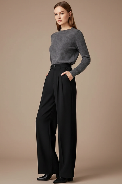 Pantalon Taille Haute Fluide Noir - Polyester