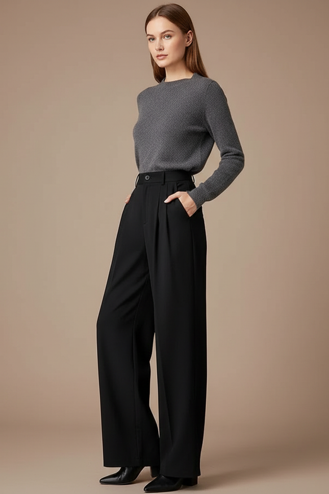 Pantalon Taille Haute Fluide Noir - Polyester