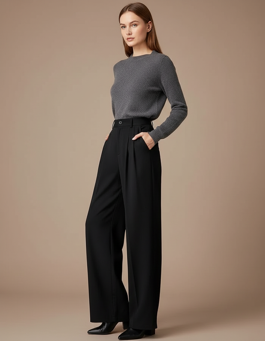 Pantalon Taille Haute Fluide Noir - Polyester