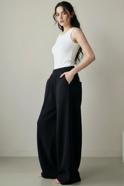 Pantalon Noir Ample Côtelé Décontracté Femme - Cordé