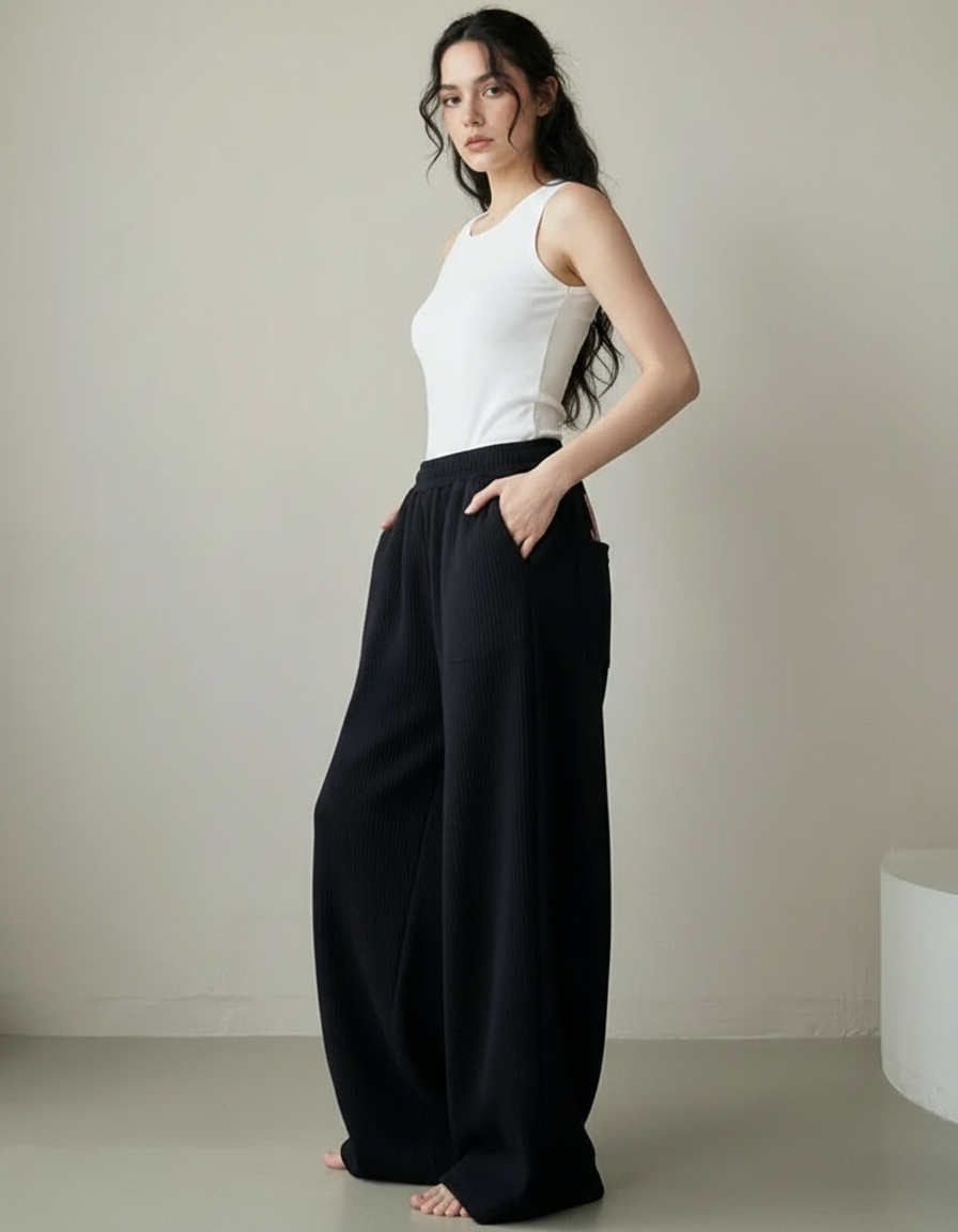 Pantalon Noir Ample Côtelé Décontracté Femme - Cordé