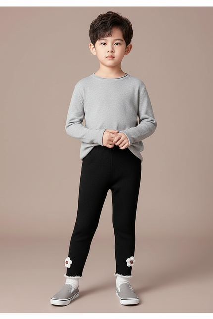 Pantalon Noir Enfant, Côtelé, Fleurs, Hiver, Chaud - Maille