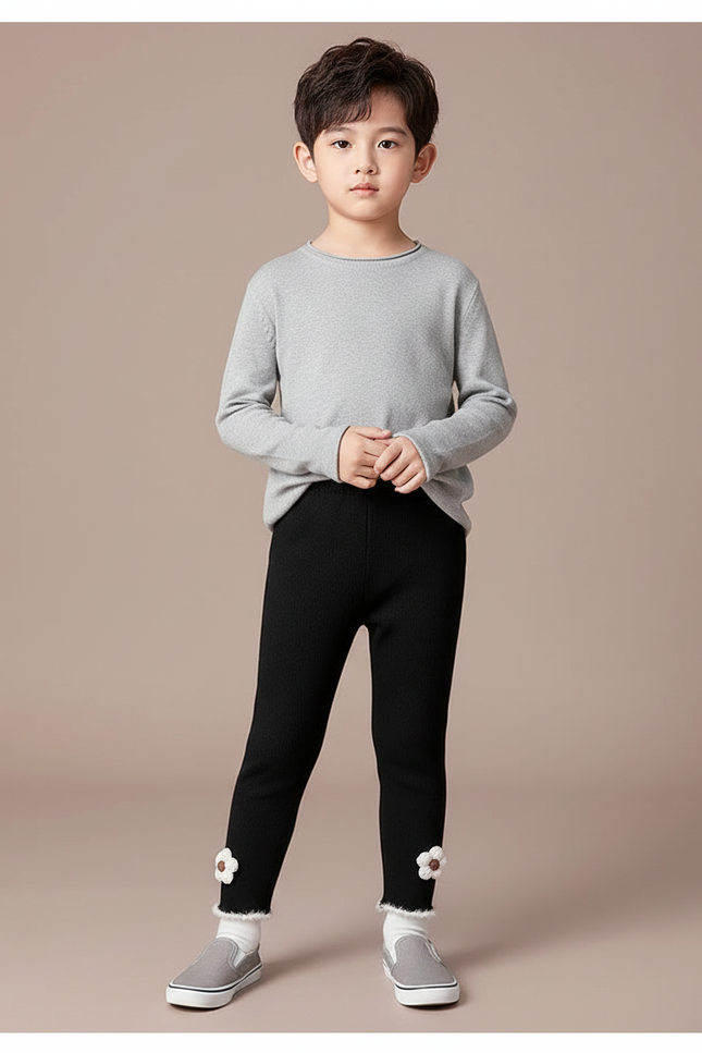 Pantalon Noir Enfant, Côtelé, Fleurs, Hiver, Chaud - Maille