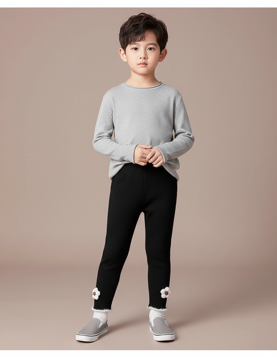 Pantalon Noir Enfant, Côtelé, Fleurs, Hiver, Chaud - Maille
