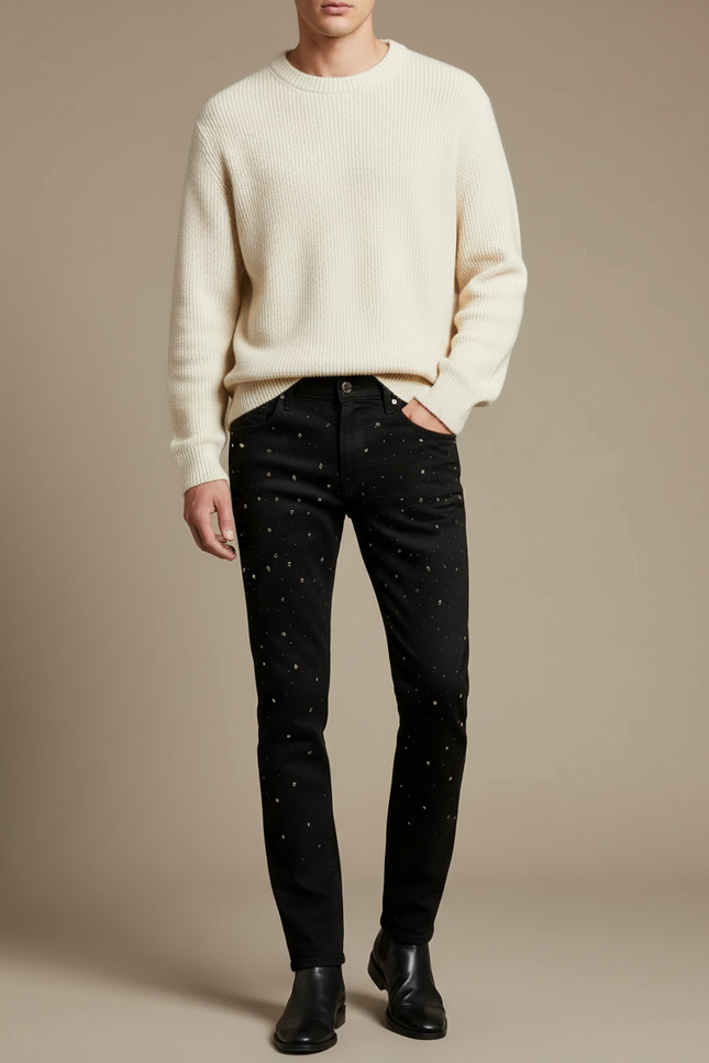 Pantalon Noir Slim Brodé Étoiles Homme Tendance - Jean
