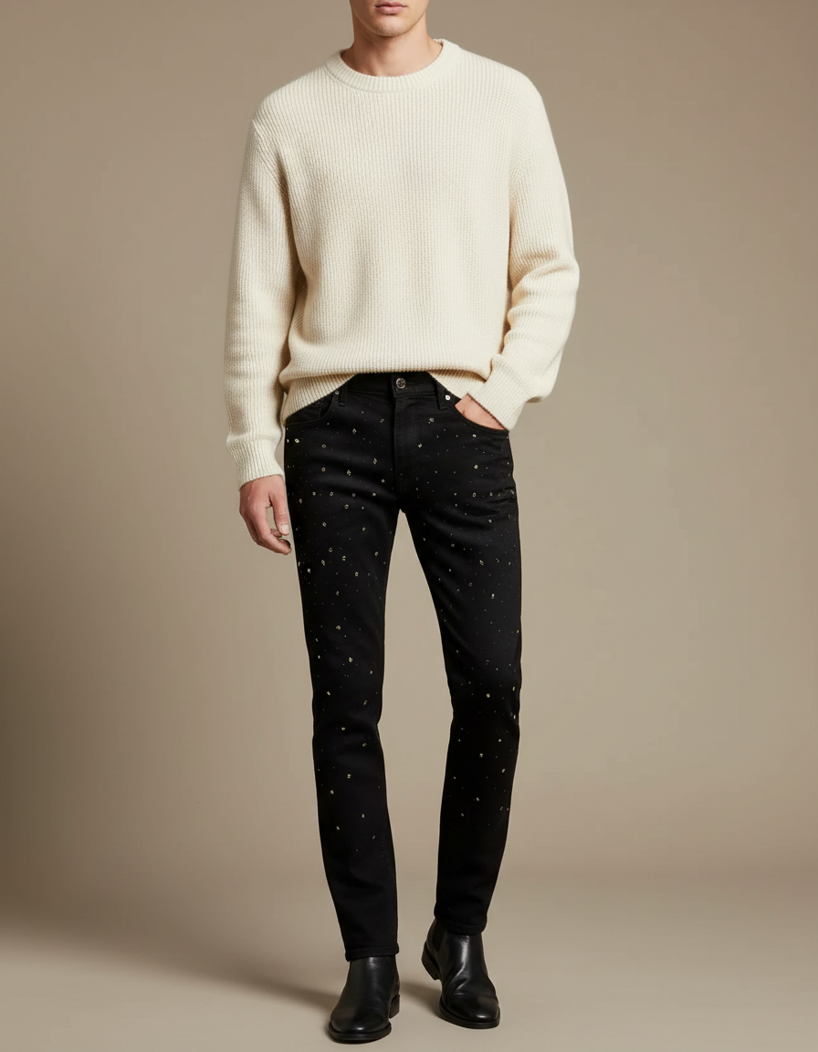 Pantalon Noir Slim Brodé Étoiles Homme Tendance - Jean