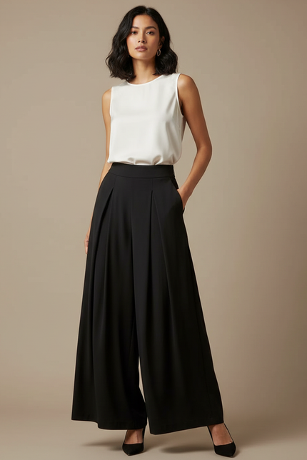 Pantalon Fluide Plissé Noir - Polyester
