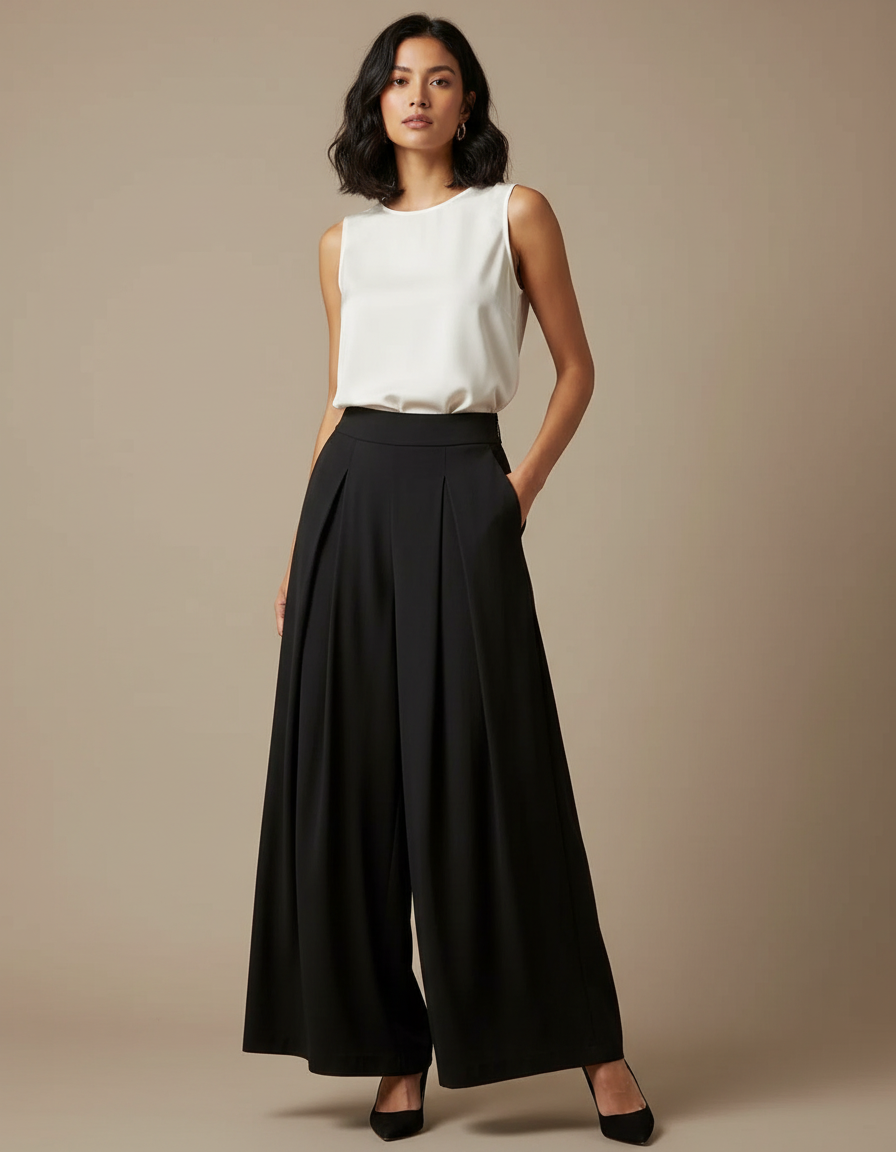 Pantalon Fluide Plissé Noir - Polyester
