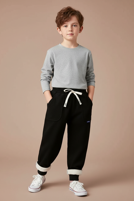 Pantalon Noir Côtelé Ample Doublé Sherpa Enfant - Cordé
