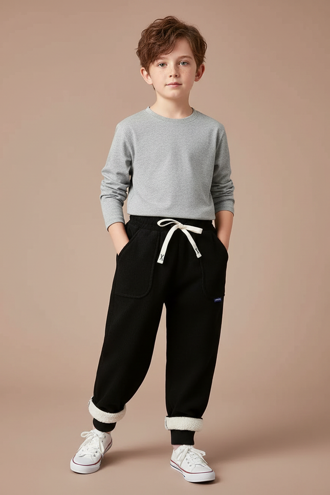Pantalon Noir Côtelé Ample Doublé Sherpa Enfant - Cordé