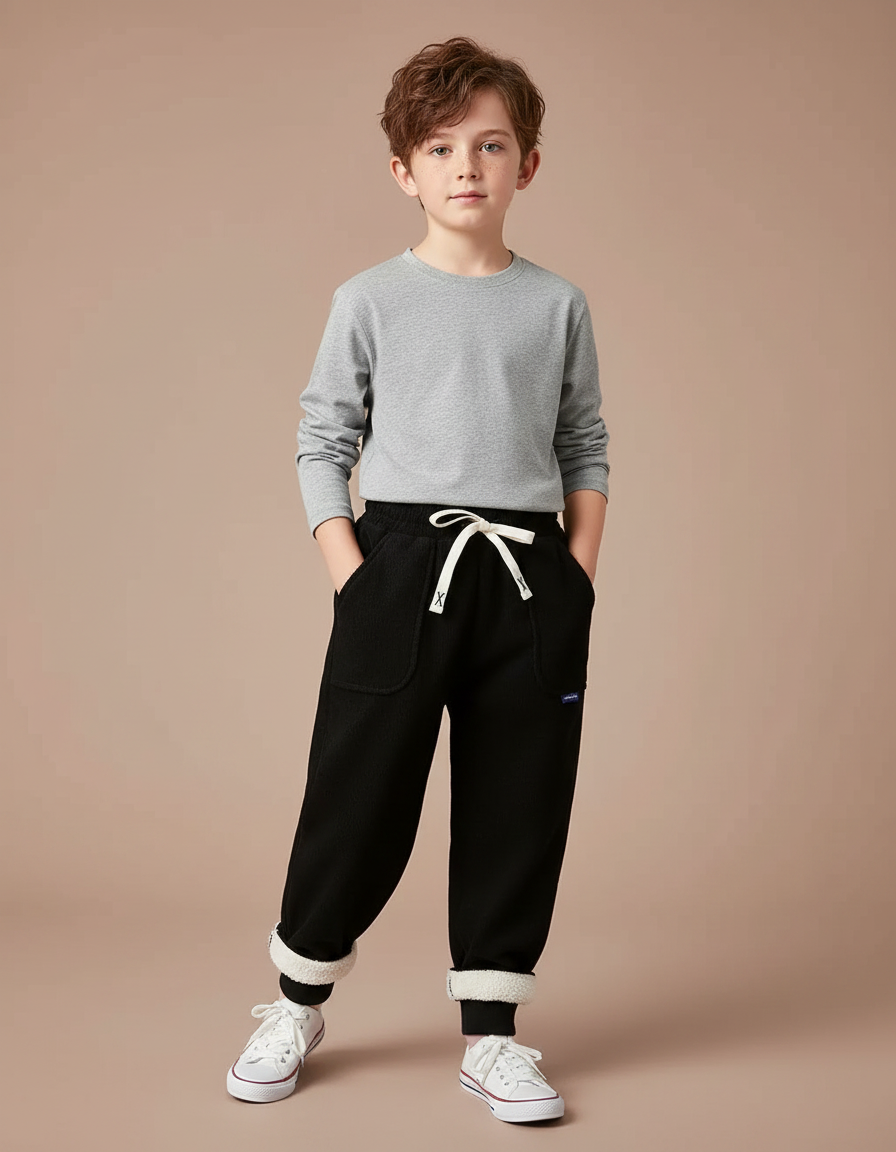 Pantalon Noir Côtelé Ample Doublé Sherpa Enfant - Cordé