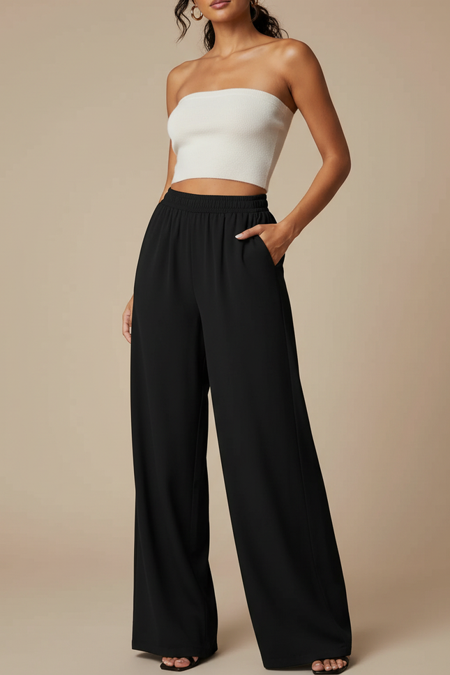 Pantalon Noir Fluide Ample Taille Haute Élégant Femme - Viscose