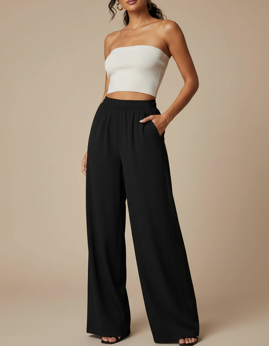Pantalon Noir Fluide Ample Taille Haute Élégant Femme - Viscose