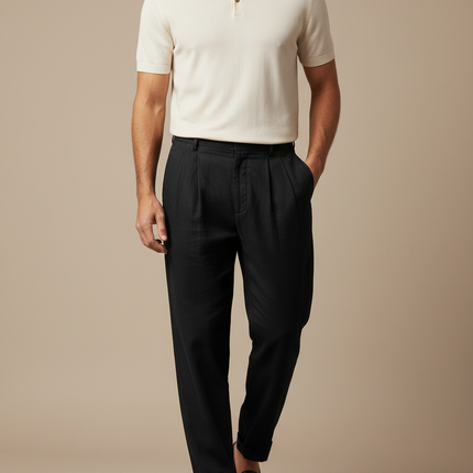 Pantalon Noir Plissé Ample Lin Homme Décontracté