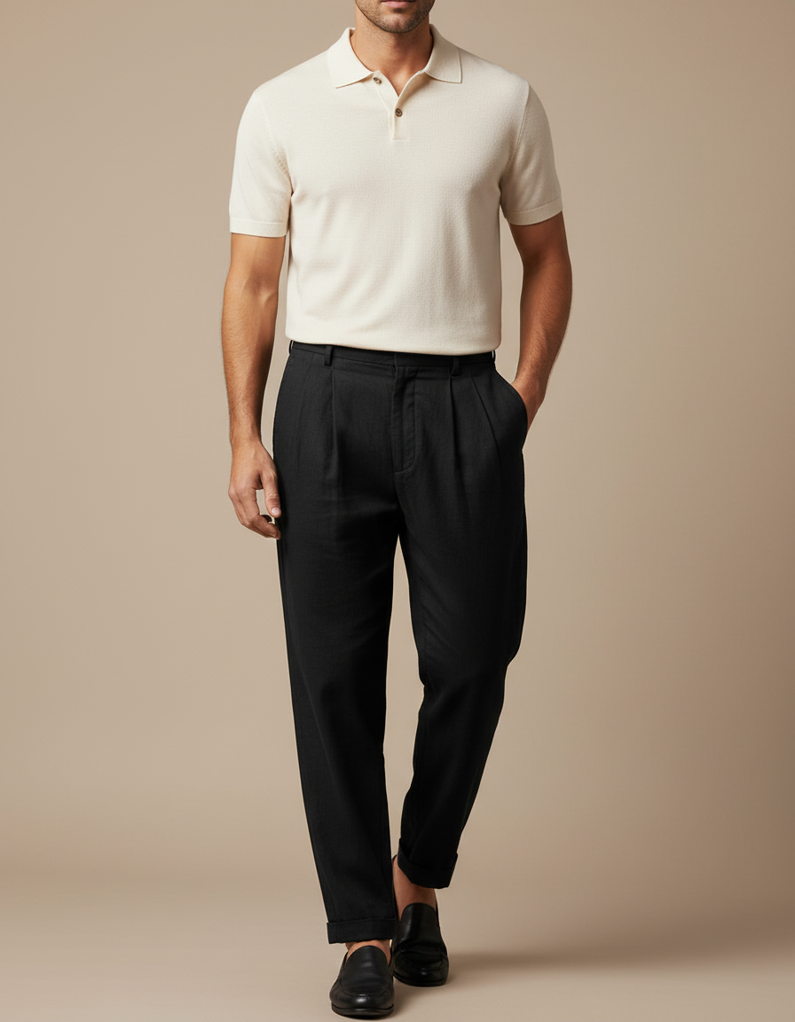 Pantalon Noir Plissé Ample Lin Homme Décontracté