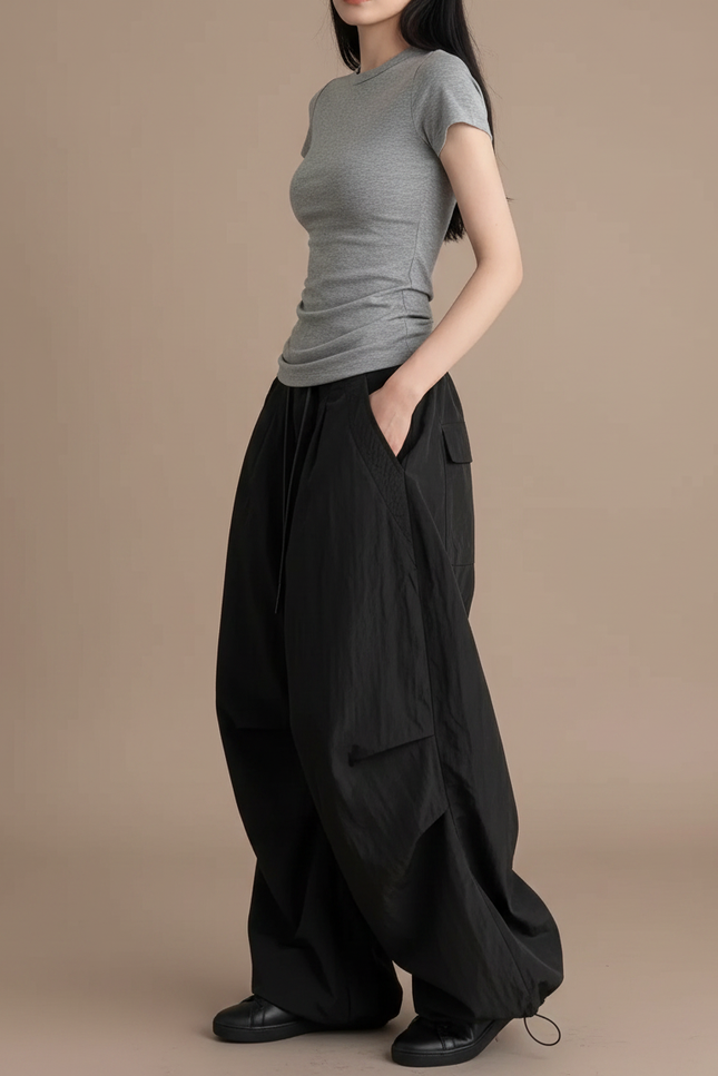 Pantalon Noir Baggy Cargo Ample Streetwear - Polyester