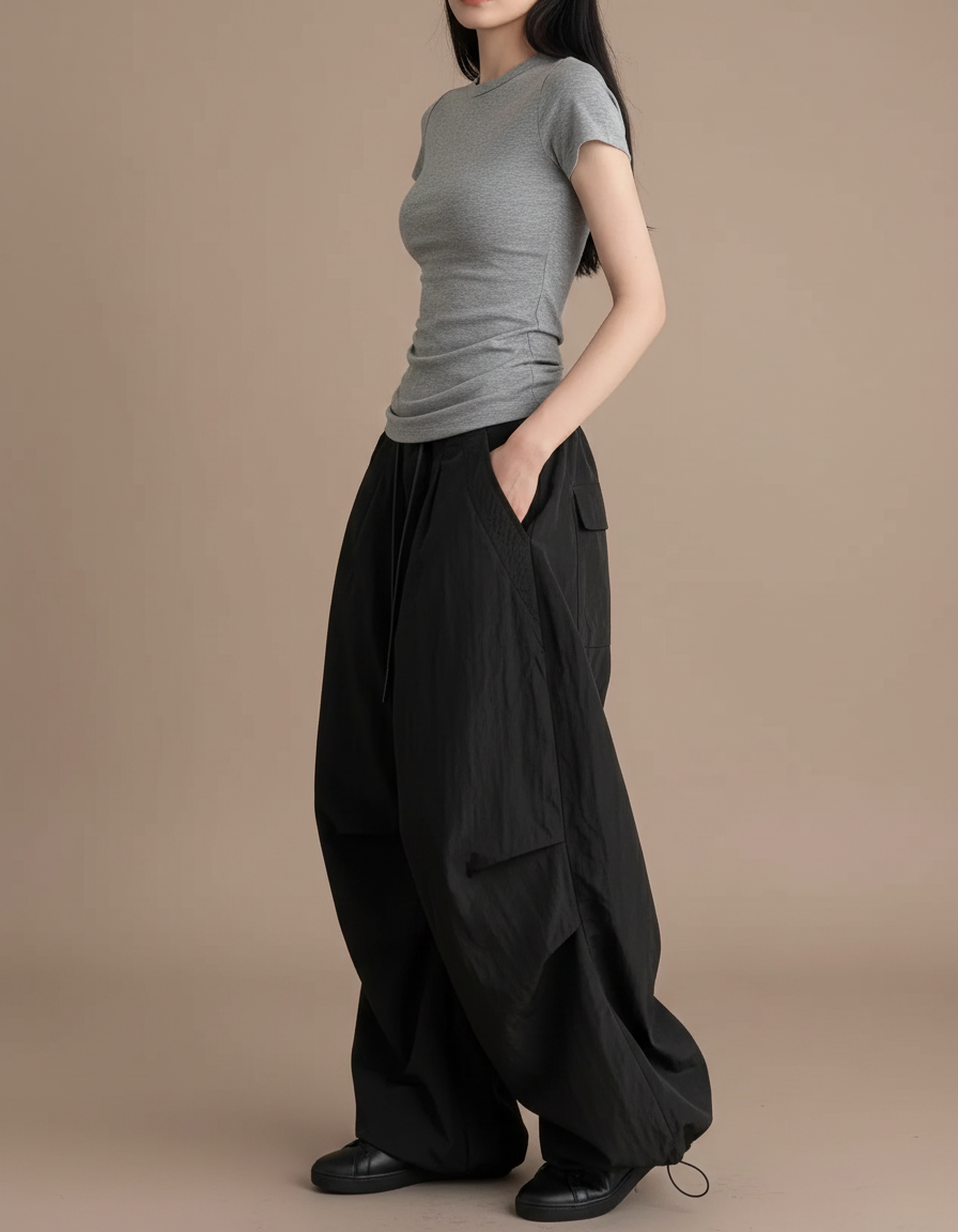 Pantalon Noir Baggy Cargo Ample Streetwear - Polyester
