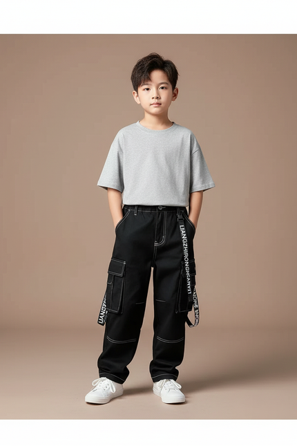 Pantalon Noir Cargo Garçon Surpiqûres Blanches Streetwear - Toile