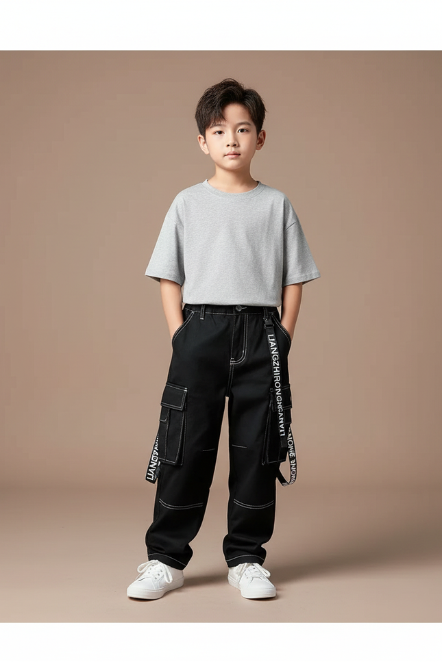 Pantalon Noir Cargo Garçon Surpiqûres Blanches Streetwear - Toile