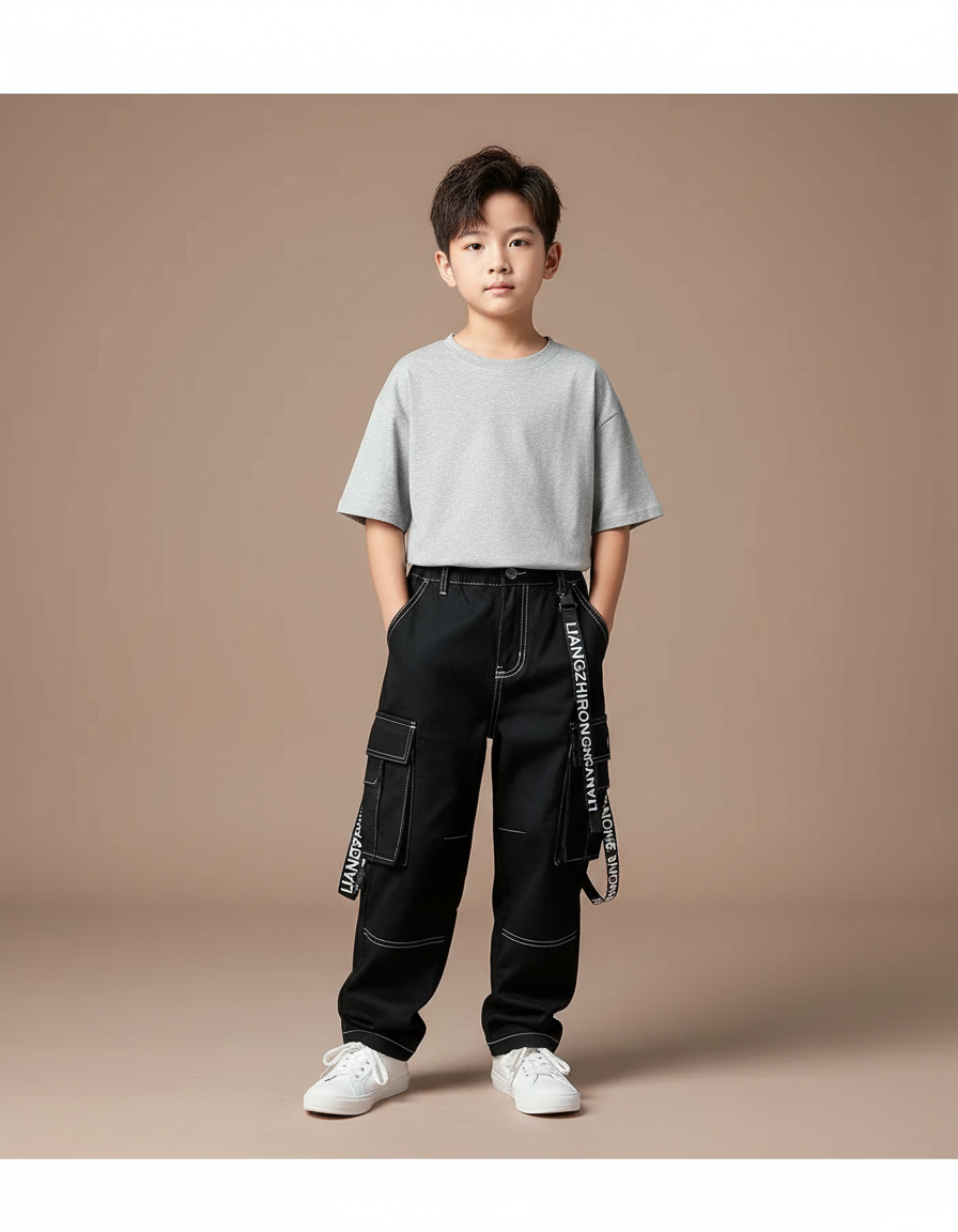 Pantalon Noir Cargo Garçon Surpiqûres Blanches Streetwear - Toile